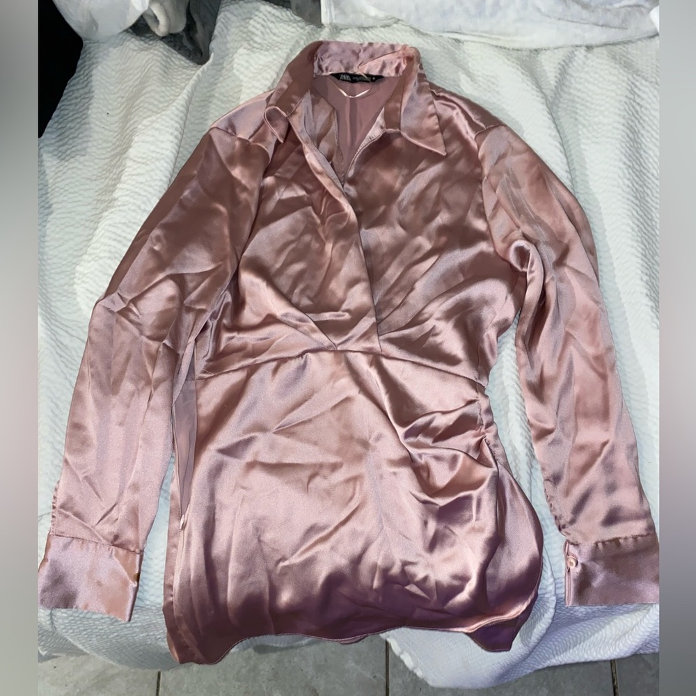 ZARA satin pink dress long sleeve size M